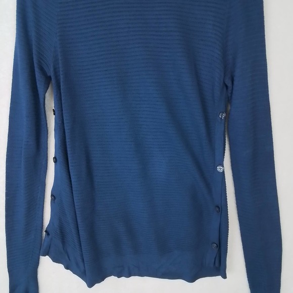 LOFT Open Knit Sweater Tunic Size Small Blue w/ Button Up Side Seams - Picture 4 of 11